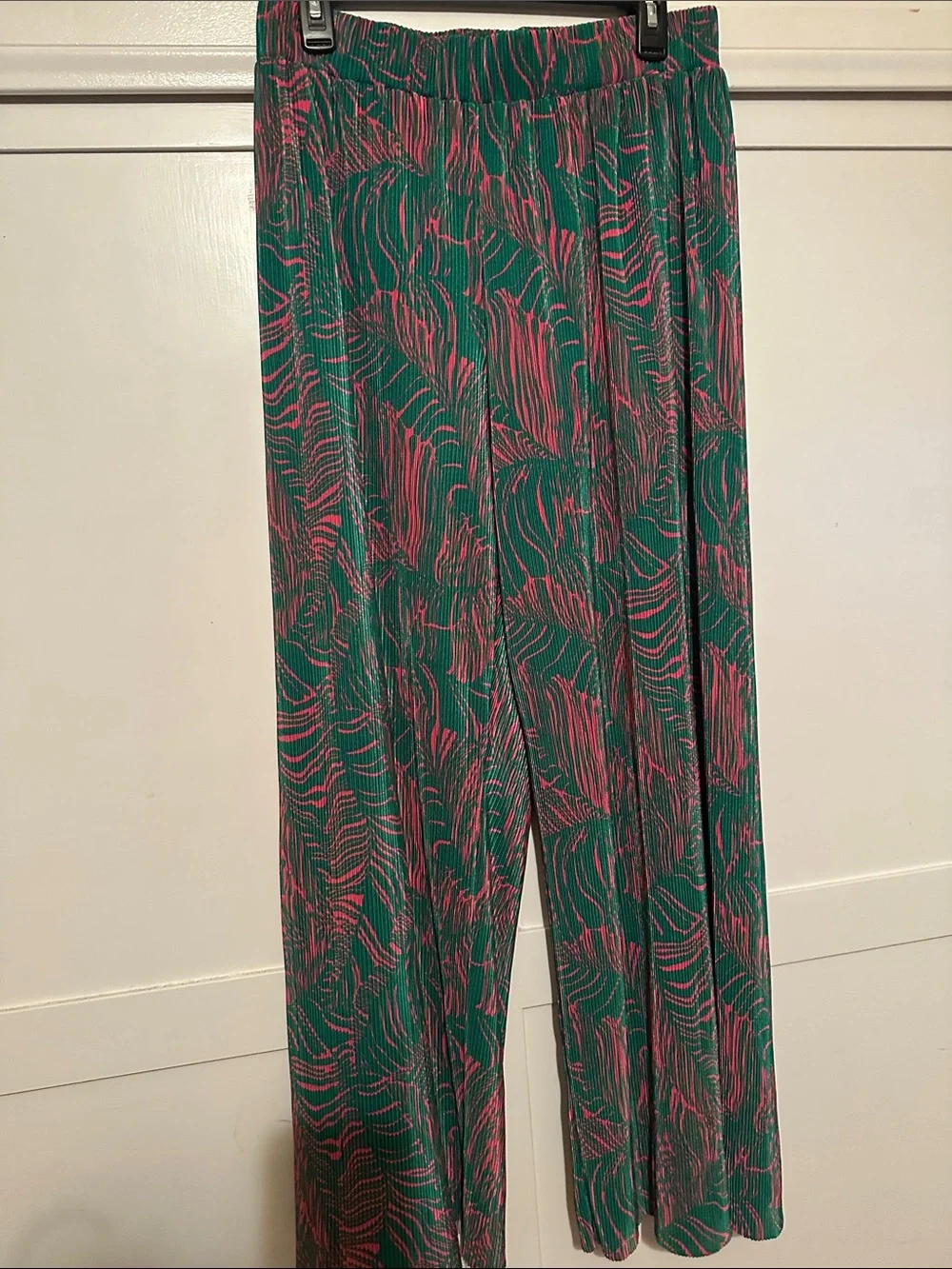 Green and Pink Patterned Button-Up Top and Pants Set